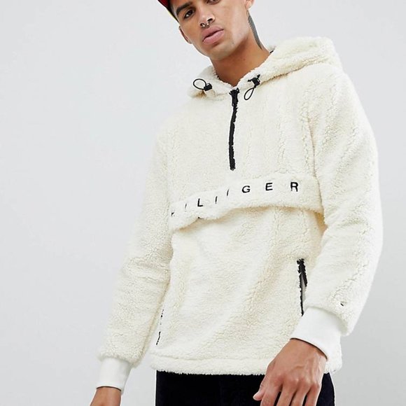 Tommy Hilfiger White Oversized Teddy Fleece Half Zip Pullover Hoodie sz M - Picture 1 of 10
